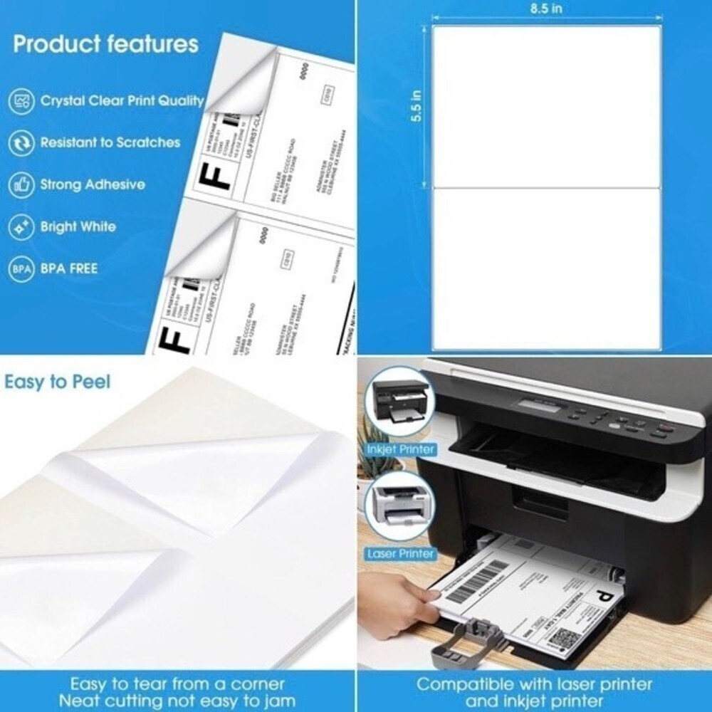 50 Shipping Labels | Inkjet/Laser Printer | 8.5” x 5.5” | Strong Adhesive